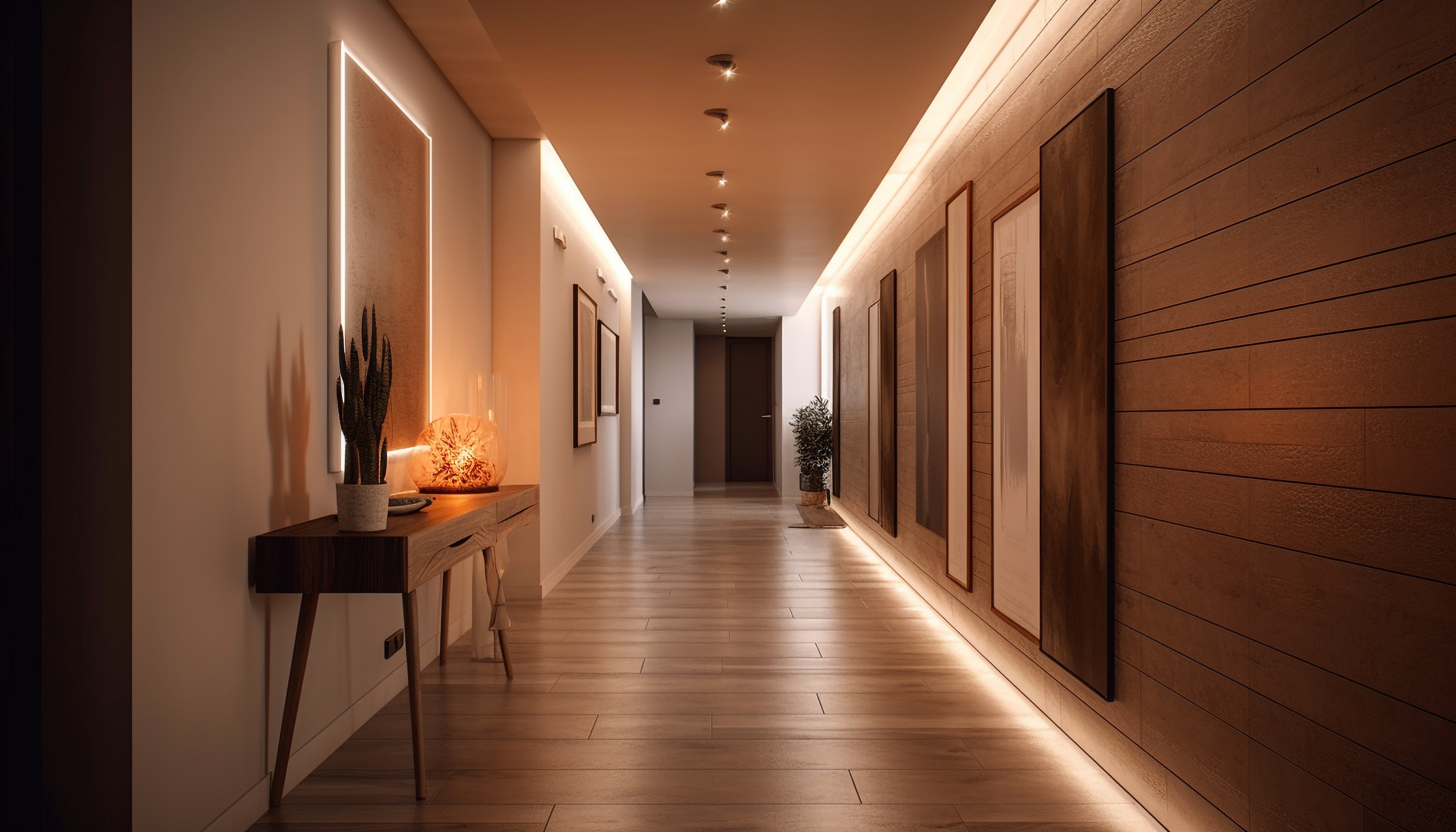 Corredor com fitas de LED e spots embutidos