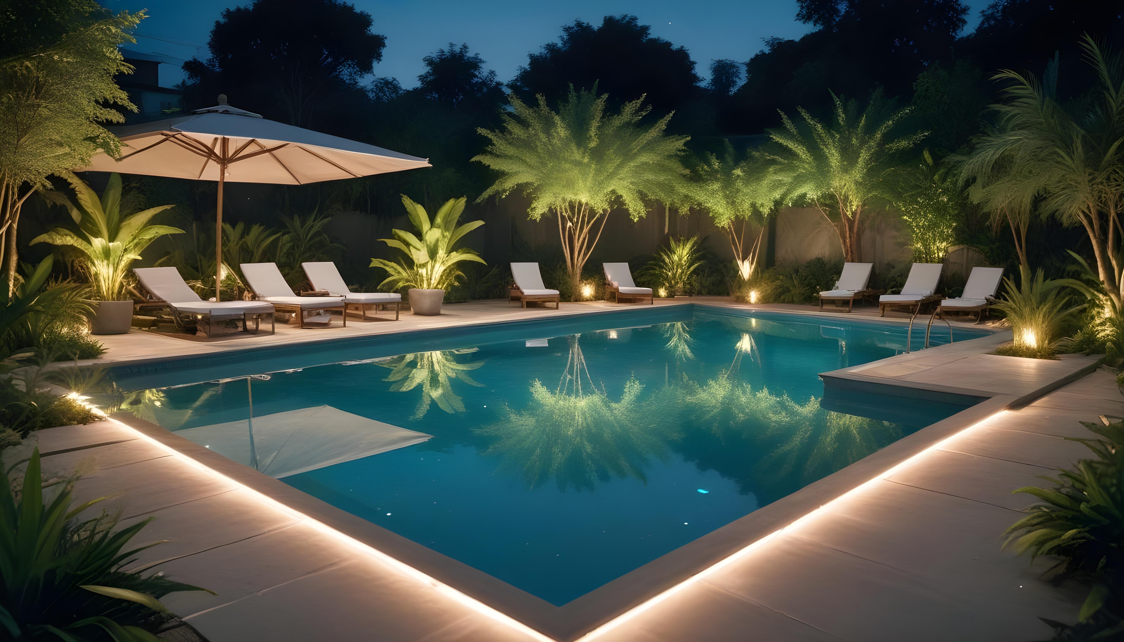 Área de piscina com iluminação perimetral e paisagismo