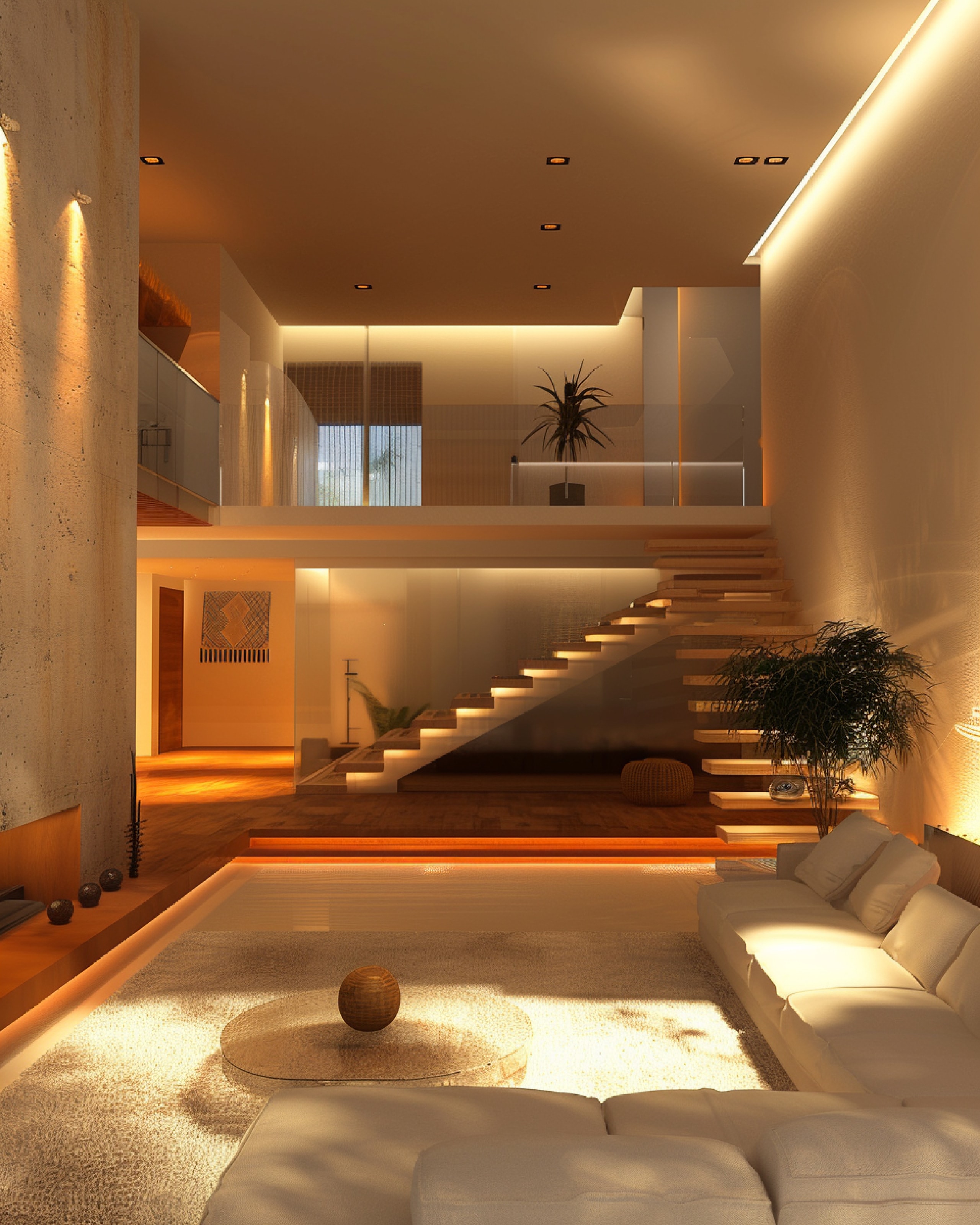 Sala duplex com iluminação embutida e escada iluminada